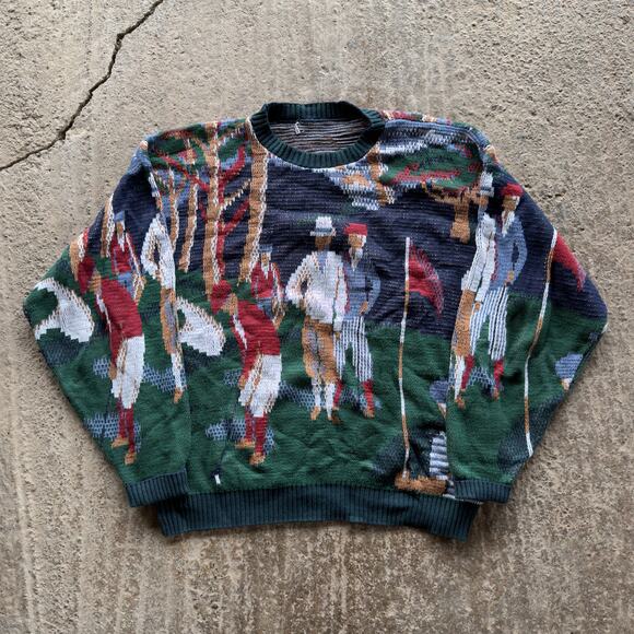 American Vintage Other - VINTAGE 90S GOLF AOP KNITTED SWEATER DOUBLE SIDED GREEN PREPPY FITS MENS LARGE